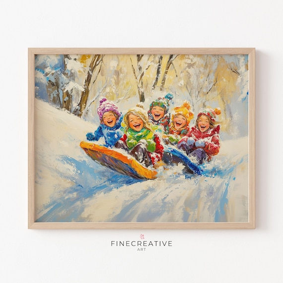 Happy Kids Sledding Down Snowy Hill Laughing Winter Fun Poster
