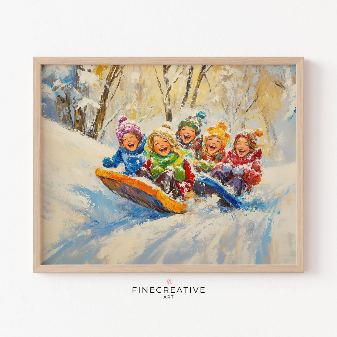 Happy Kids Sledding Down Snowy Hill Laughing Winter Fun Poster