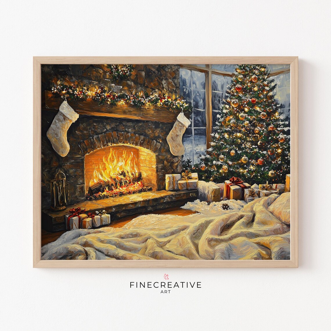 Cozy Christmas Living Room Fireplace Tree Painting Holiday Wall Poster