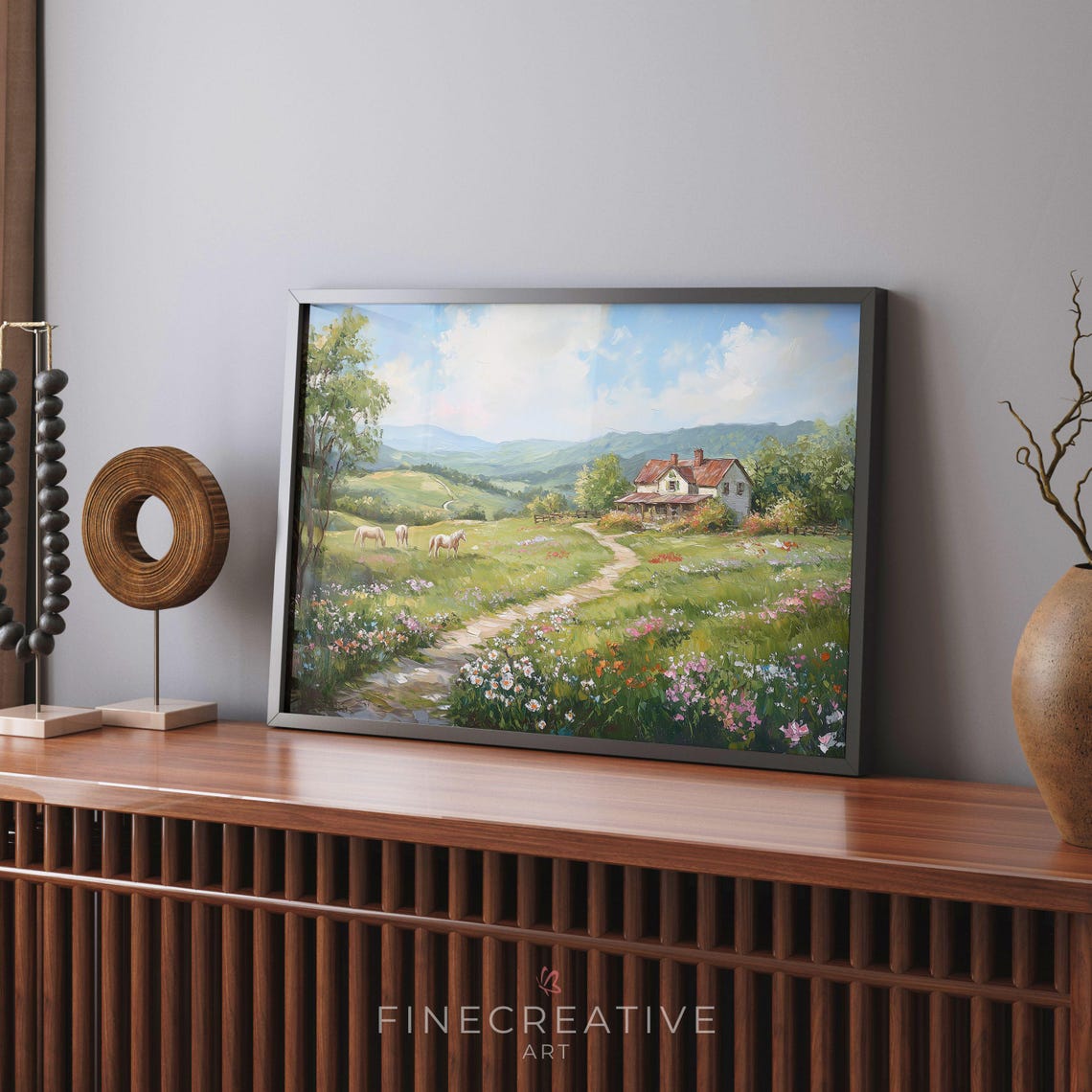 Farmhouse With Horses Grazing In Sunny Wildflower Meadow Wall Art - Image 2