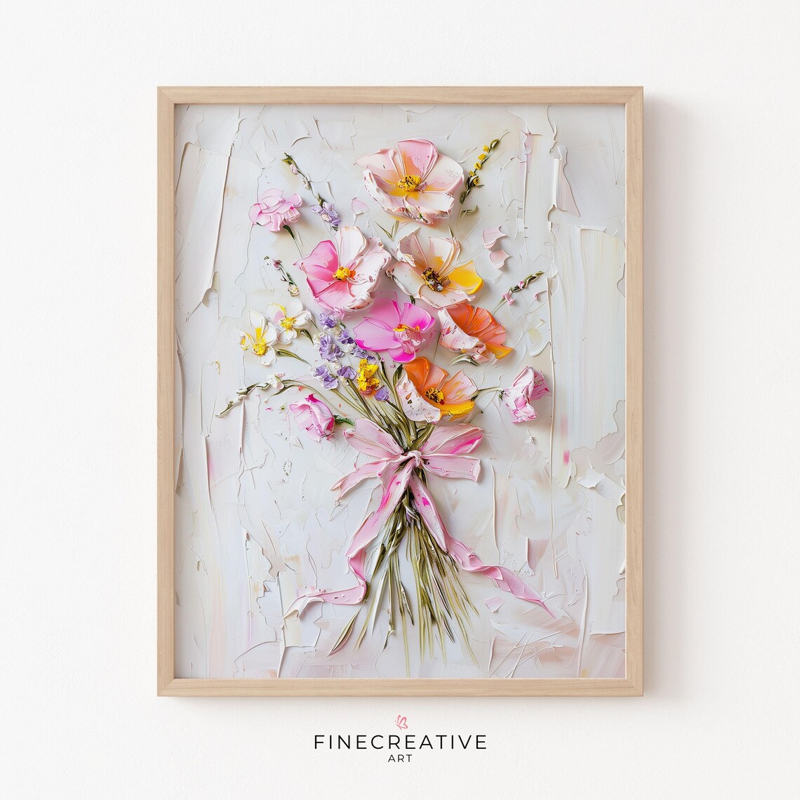 Pink Flower Bouquet With Ribbon Impasto Painting Floral Gift Wall Poster