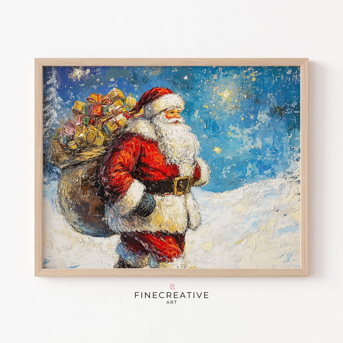 Santa Carrying Gift Sack Under Starry Night Sky Scene Poster