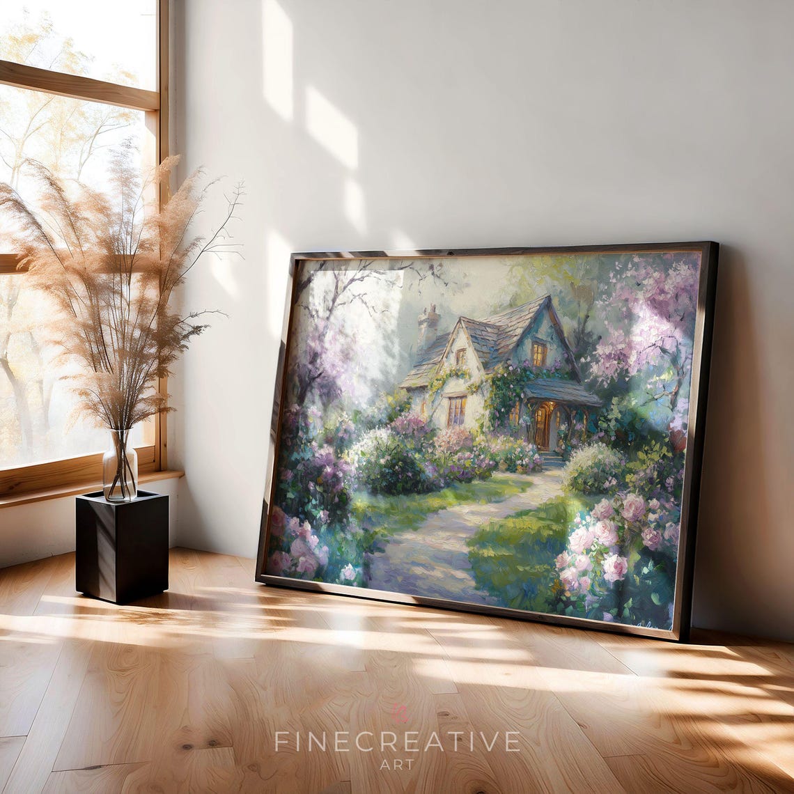 Cottage Garden Path With Pink Roses And Blooming Blossom Trees Print - Image 2