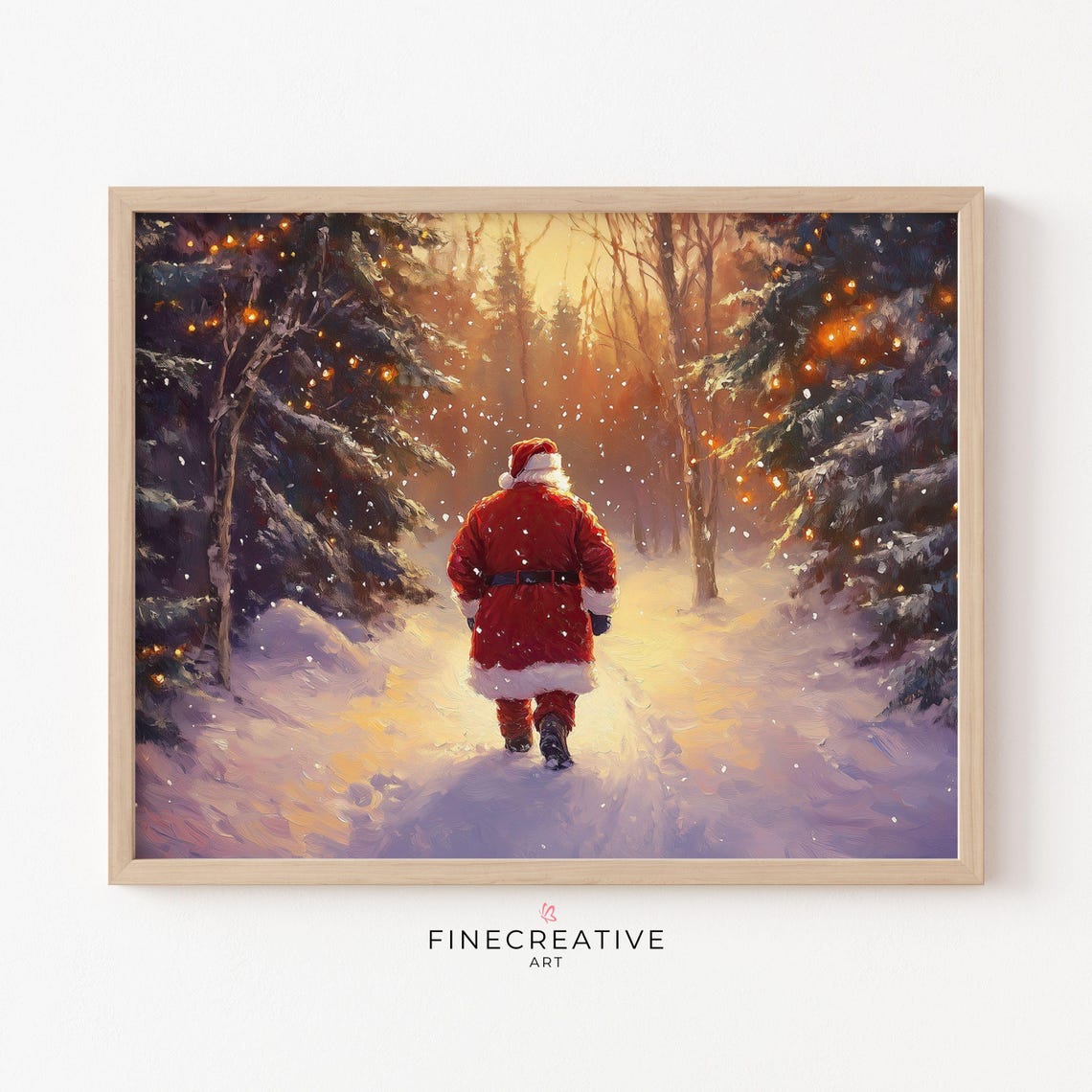 Santa Walking Through A Snowy Christmas Forest At Sunset Poster
