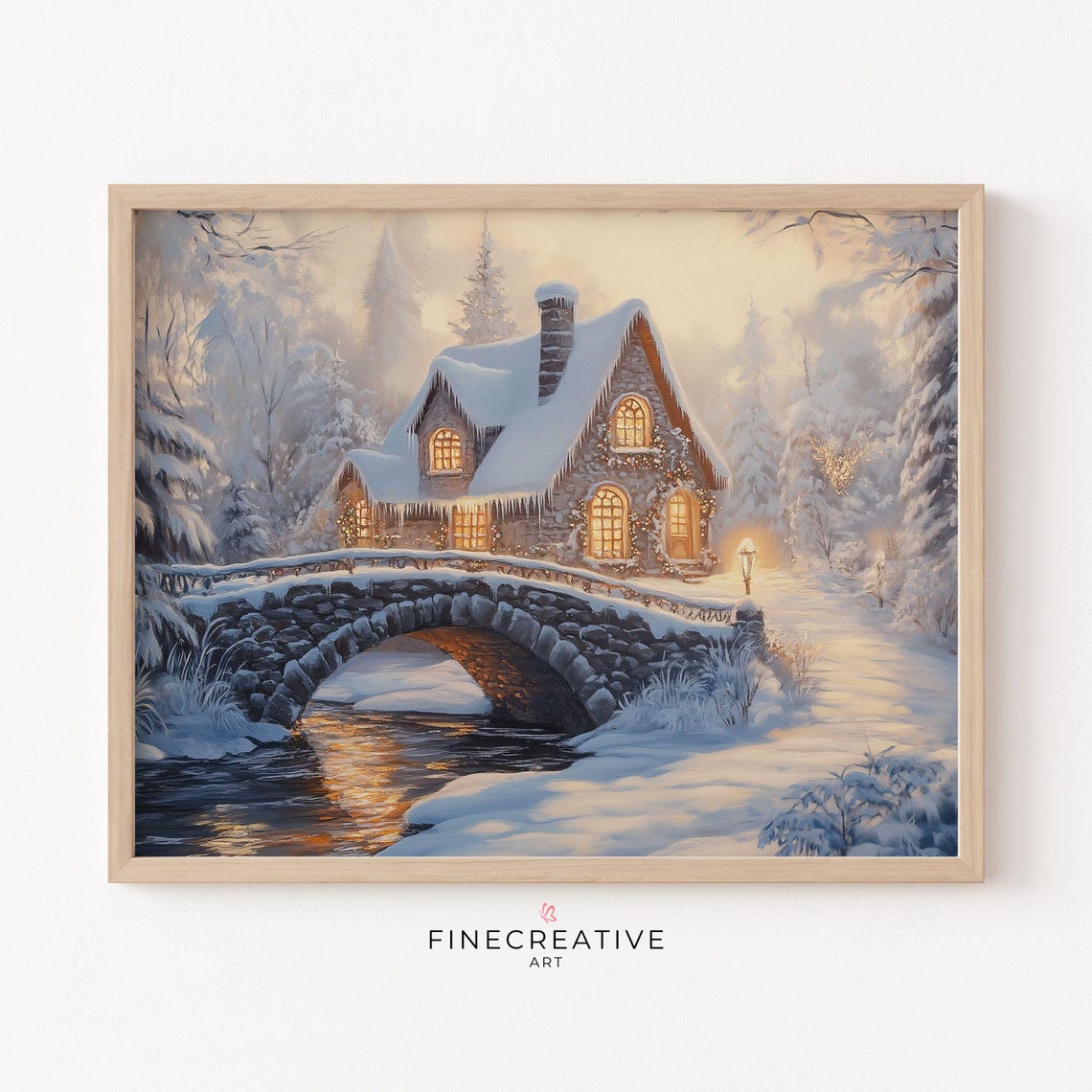 Snowy Stone Cottage with Glowing Windows by Frozen Stream Poster