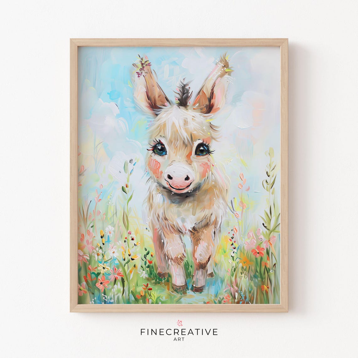 Cute Baby Donkey in Flower Meadow Nursery Painting Wall Poster