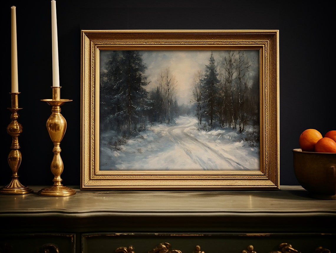 Snowy Winter Road Moody Forest Vintage Landscape Oil Painting Poster - Image 4