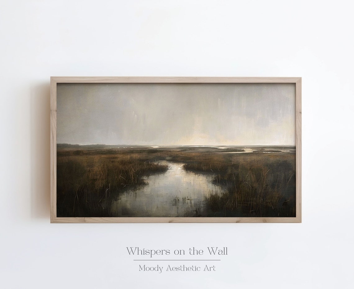 Misty Marsh Wetlands with Winding Water Moody Painting Poster - Image 3