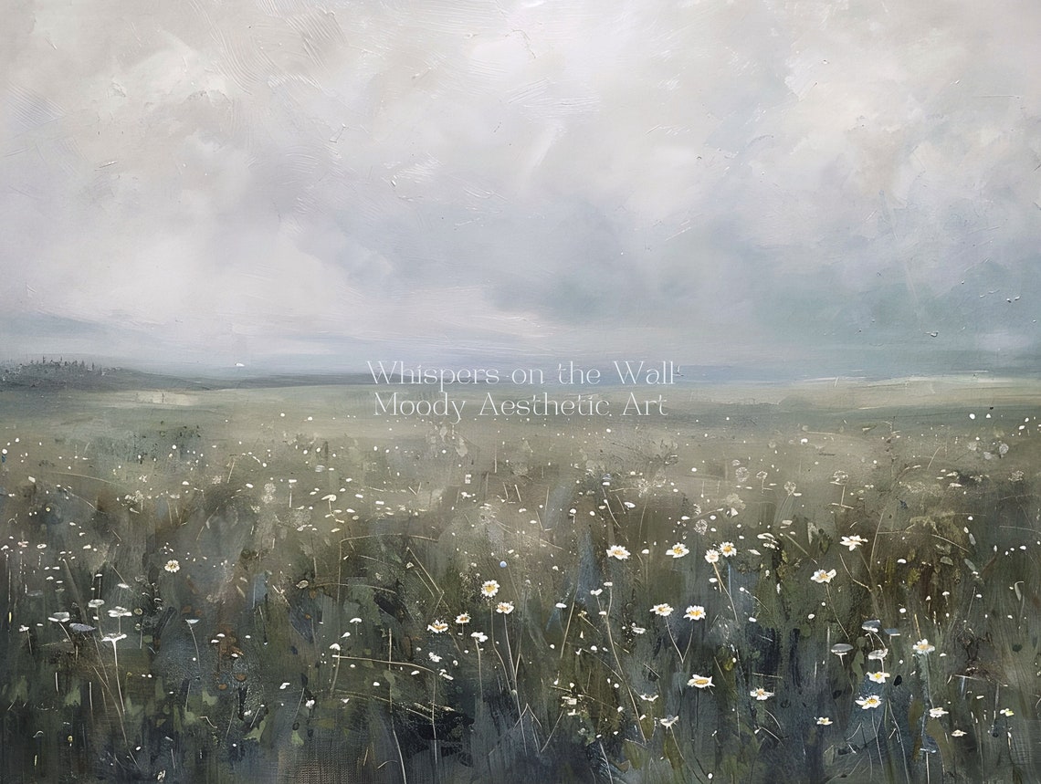 Wide Meadow Of Small White Flowers Under Cloudy Sky Landscape Poster - Image 5