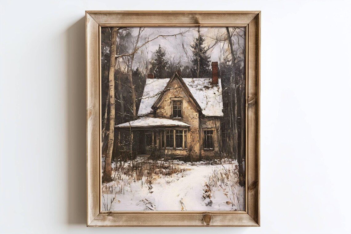 Snowy Cottage in Winter Woods Vintage Christmas Farmhouse Poster - Image 2