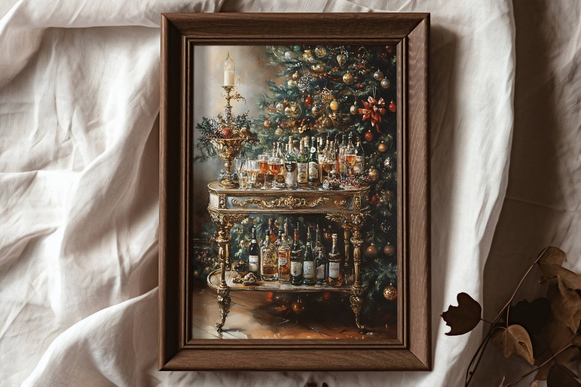 Christmas Bar Cart Wall Art Moody Xmas Oil Painting Art Bar Cart Decor Kitchen Art Print Winter Wall Art Moody Christmas Poster - Image 6