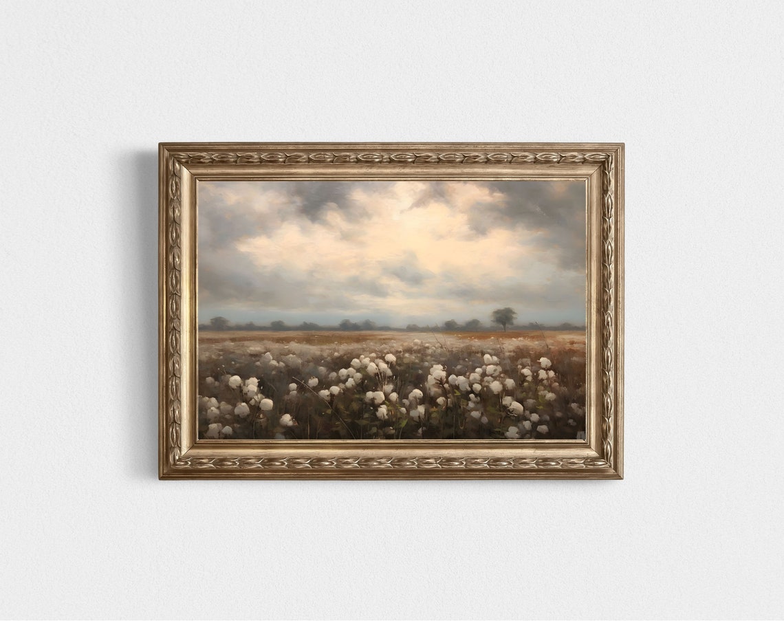 Country Cotton Field Landscape with Cloudy Sky Farmhouse Poster - Image 2
