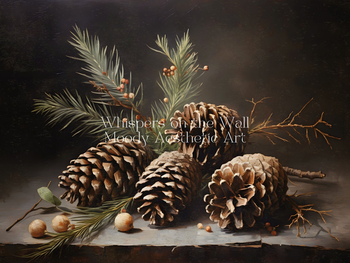 Pinecone Still Life Pine Branches Moody Dark Holiday Wall Poster - Image 6