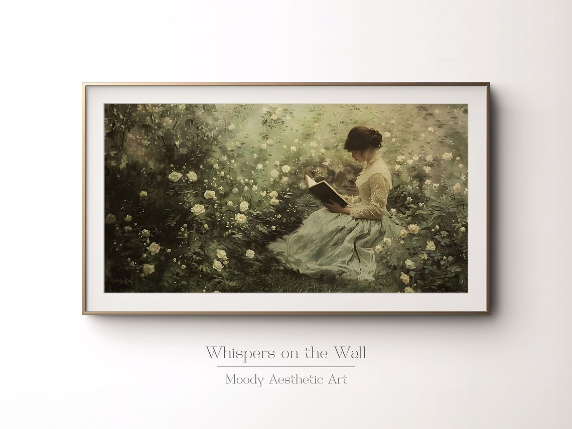 Victorian Woman Reading In Blooming White Rose Garden Vintage Style Poster - Image 2