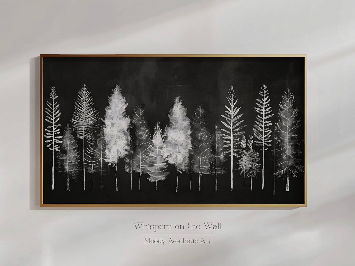 White Pine Tree Silhouettes on Black Moody Winter Forest Poster - Image 6