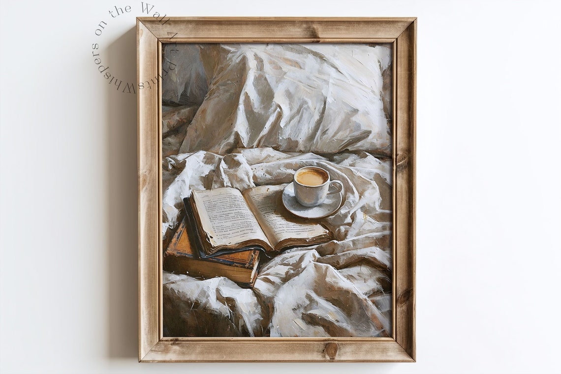 Open Book and Coffee Cup on White Bedding Oil Painting Poster - Image 2
