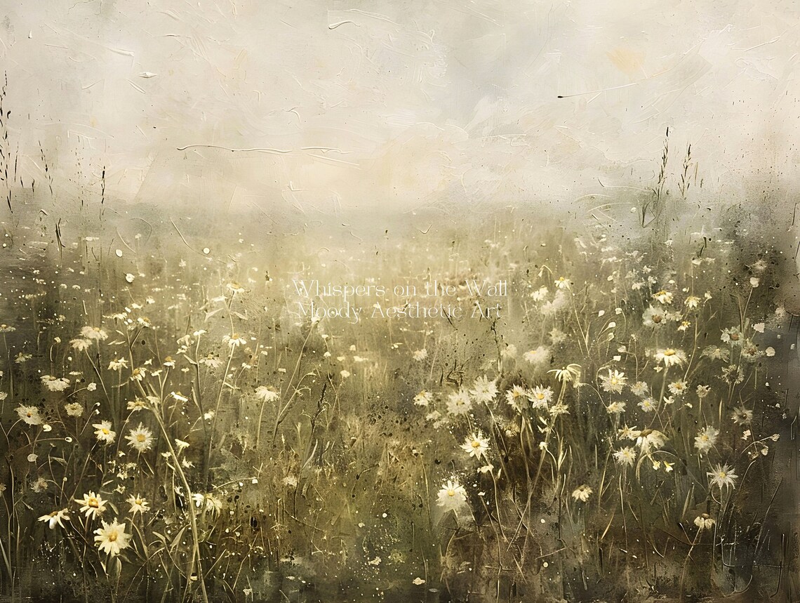 White Daisy Meadow Under Hazy Sky Moody Wildflower Landscape Painting Poster - Image 5