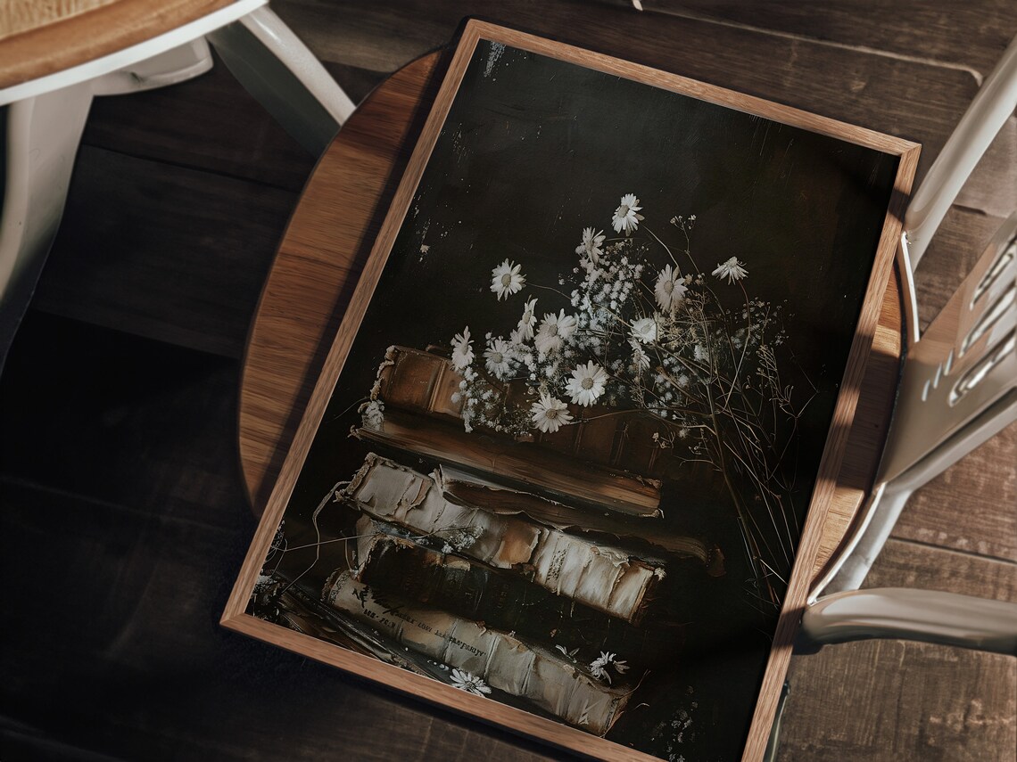 Stack Of Worn Vintage Books With White Daisies Dark Moody Still Life Poster - Image 6