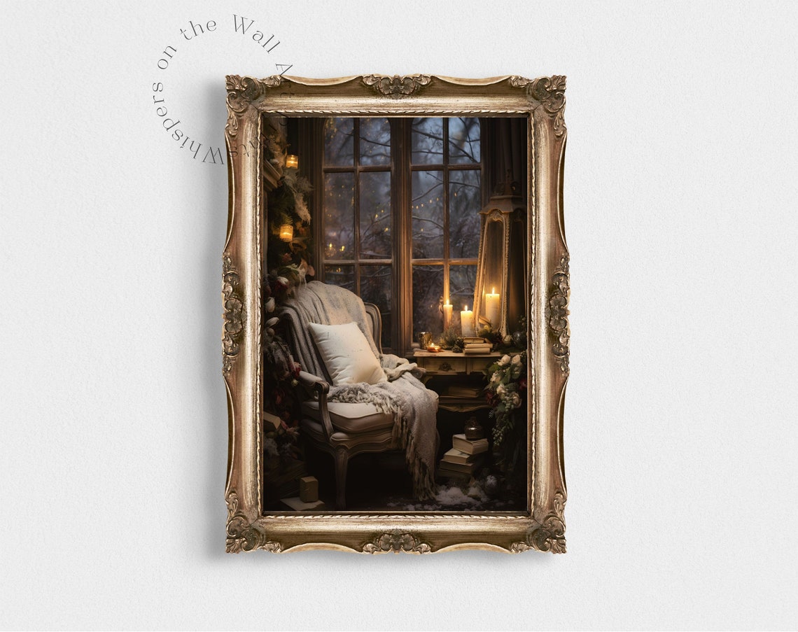 Cozy Night Reading Nook by a Candlelit Window Moody Winter Wall Poster - Image 3