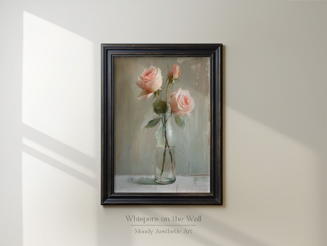 Three Pink Roses In Clear Glass Bottle Minimalist Floral Still Life Poster - Image 3