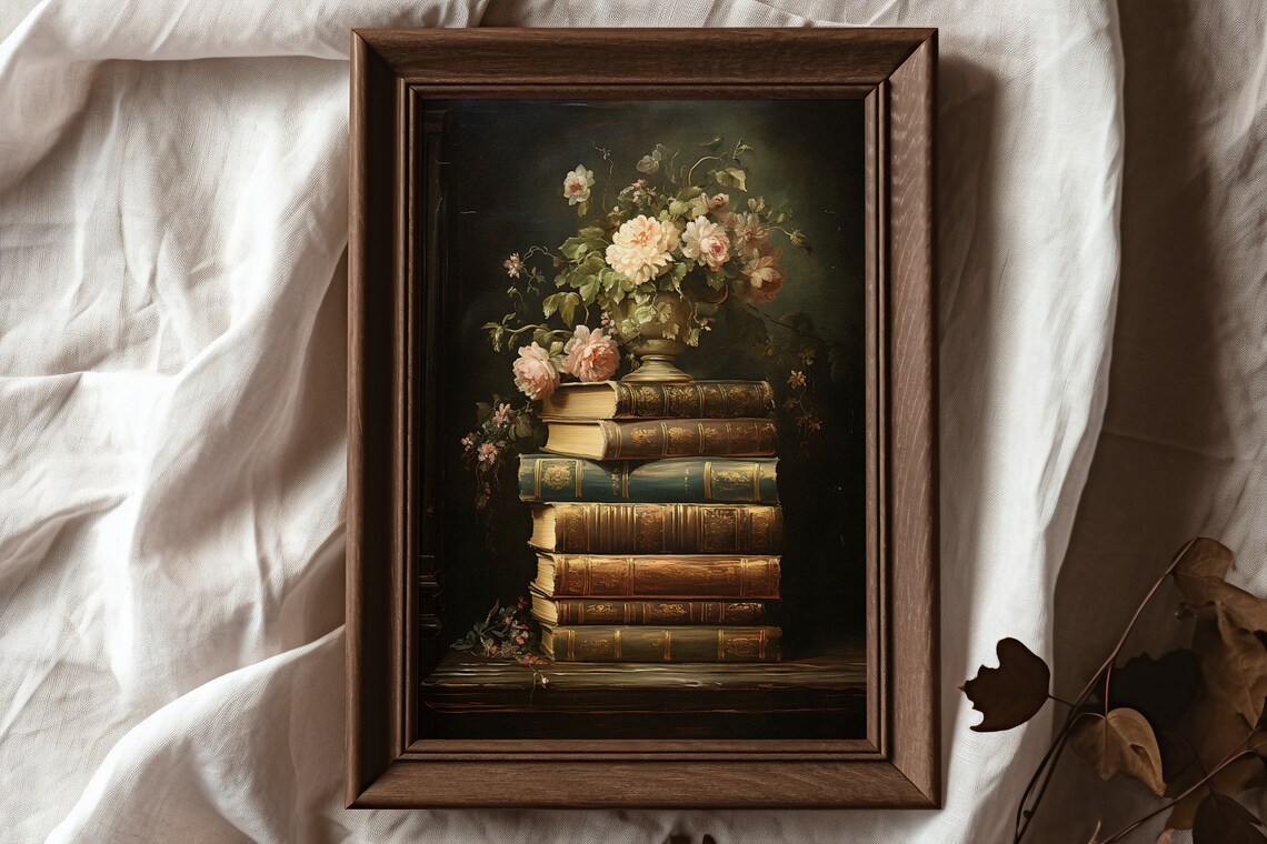 Moody Dark Academia Stacked Books With Blush Roses Vintage Still Life Poster