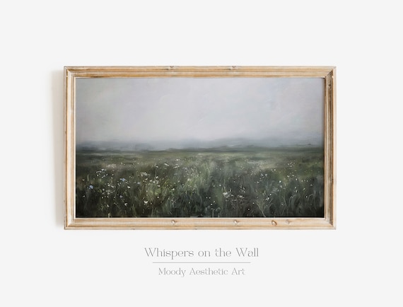 Foggy Green Meadow With Wildflowers Moody Misty Landscape Painting Poster