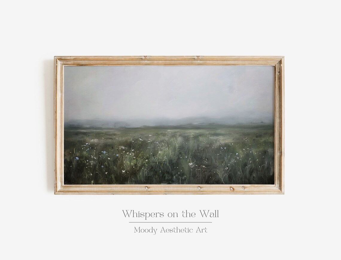 Foggy Green Meadow With Wildflowers Moody Misty Landscape Painting Poster