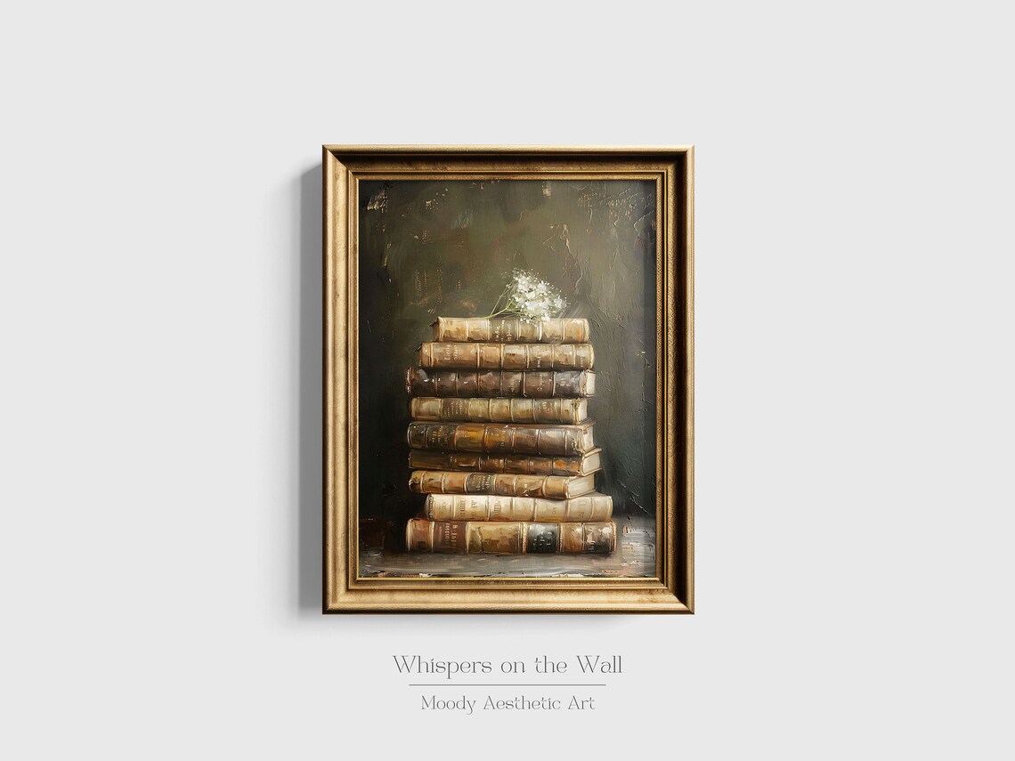 Old Leather Bound Book Stack Print Antique Books Still Life Wall Art Moody Decor Dark Academia Wall Art - Image 3