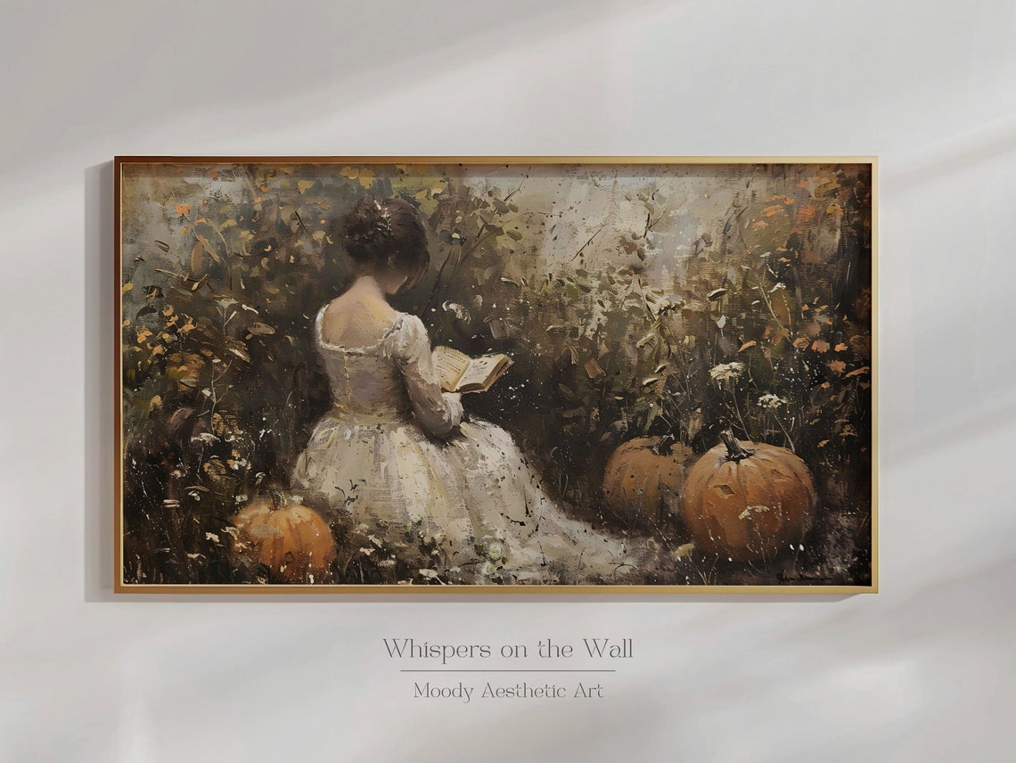 Woman Reading Among Pumpkins Autumn Garden Oil Painting Poster - Image 6