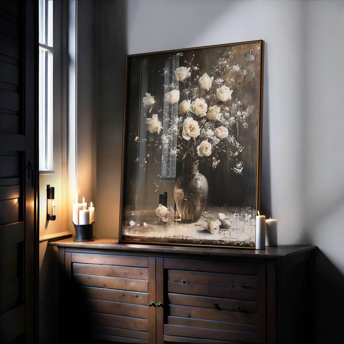 White Roses with Baby's Breath Dark Moody Floral Oil Painting Poster - Image 3