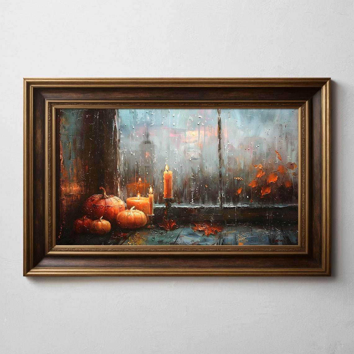 Fall Pumpkins and Candles by Rainy Window Autumn Painting Poster
