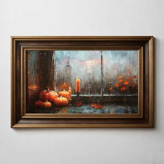 Fall Pumpkins and Candles by Rainy Window Autumn Painting Poster