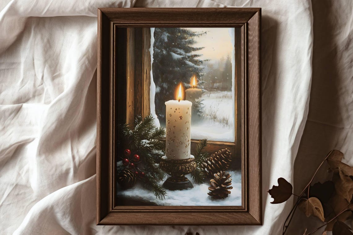 Christmas Candle in Window Snowy Pine Cozy Winter Holiday Poster - Image 3