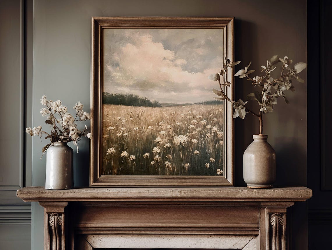 White Wildflower Field Under Moody Clouds Vintage Style Poster - Image 2