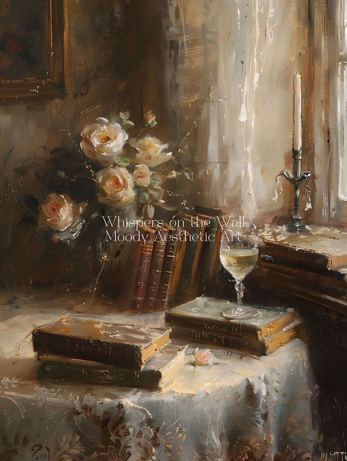 Vintage Books With Roses And Wine Glass Candlelight Still Life Painting Poster - Image 5