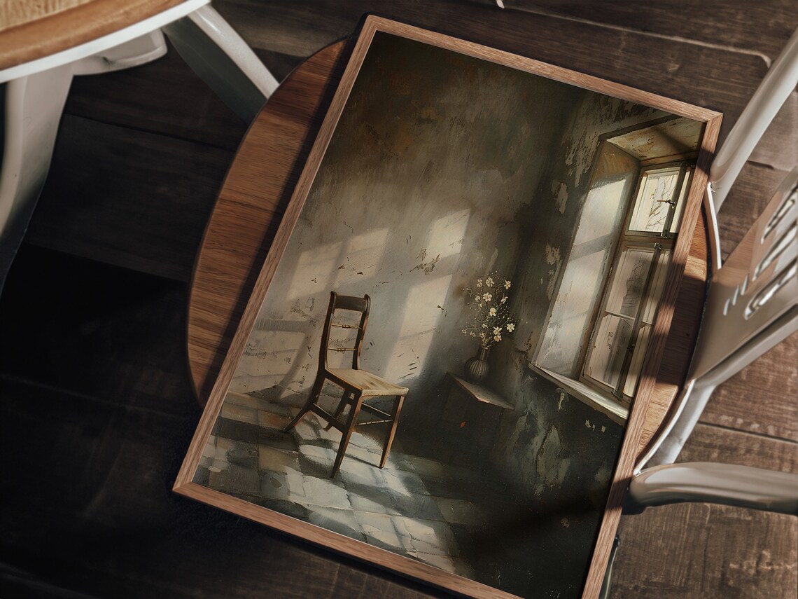 Empty Chair By Sunlit Window In Old Room Moody Interior Painting Poster - Image 3