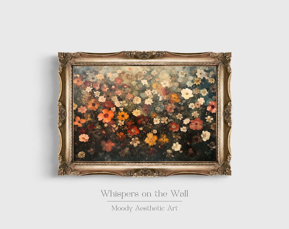 Dense Moody Floral Painting Orange And Red Blossoms On Dark Background Poster - Image 2