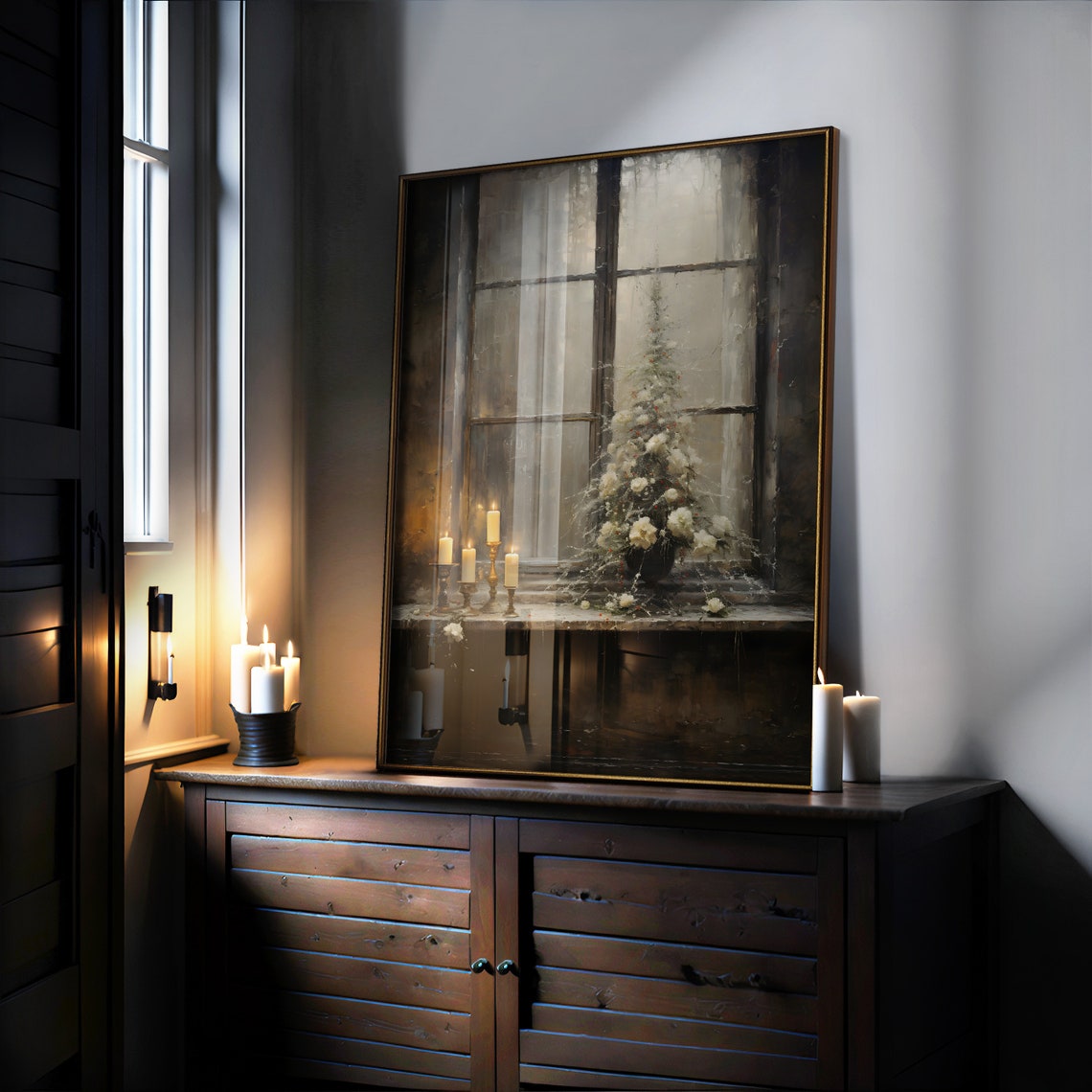 Candlelit Window Christmas Tree White Floral Moody Wall Poster - Image 4