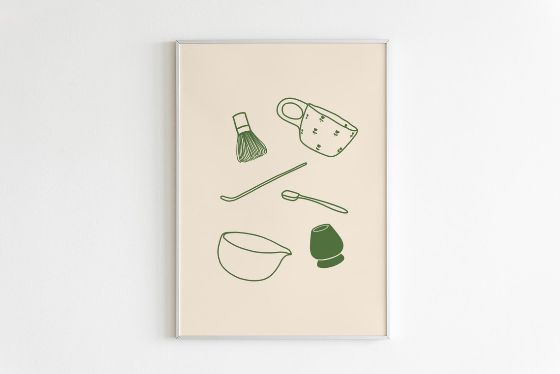 Matcha Green Tea Ceremony Set Minimalist Line Art Kitchen Poster