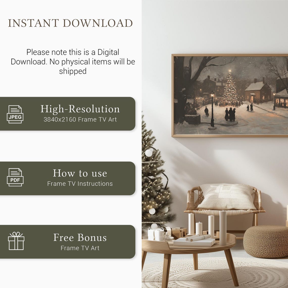 Snowy Christmas Village Night Scene with Glowing Tree Poster - Image 4