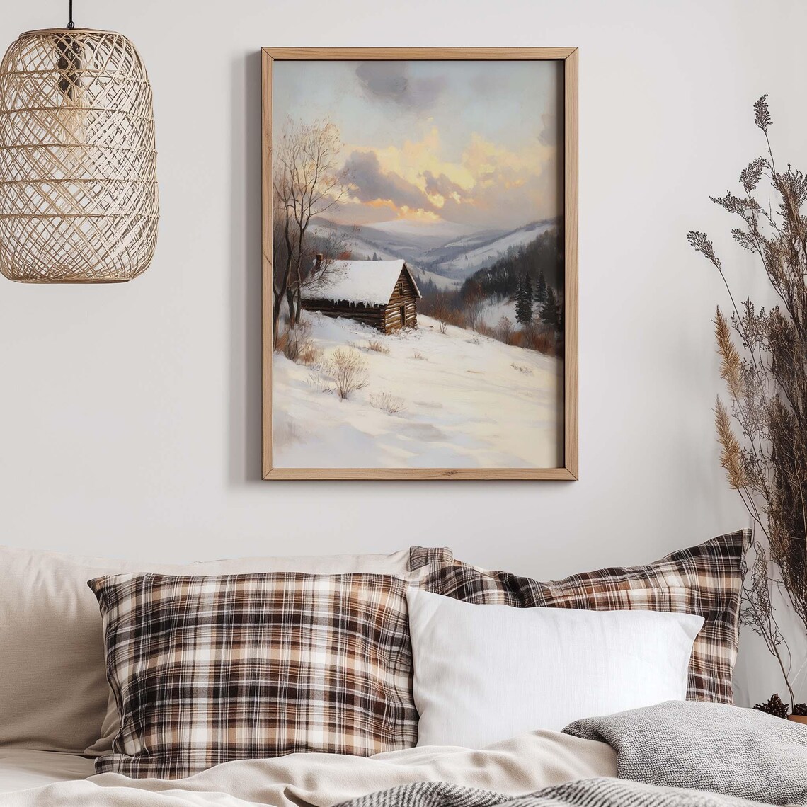 Winter Cabin Landscape, Rustic Snowy Mountain Scene - Image 3