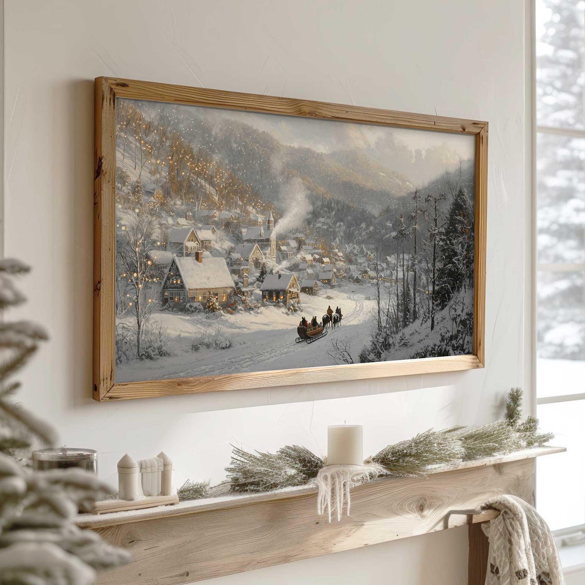 Snowy Mountain Village Horse Sleigh Christmas Evening Wall Art - Image 3