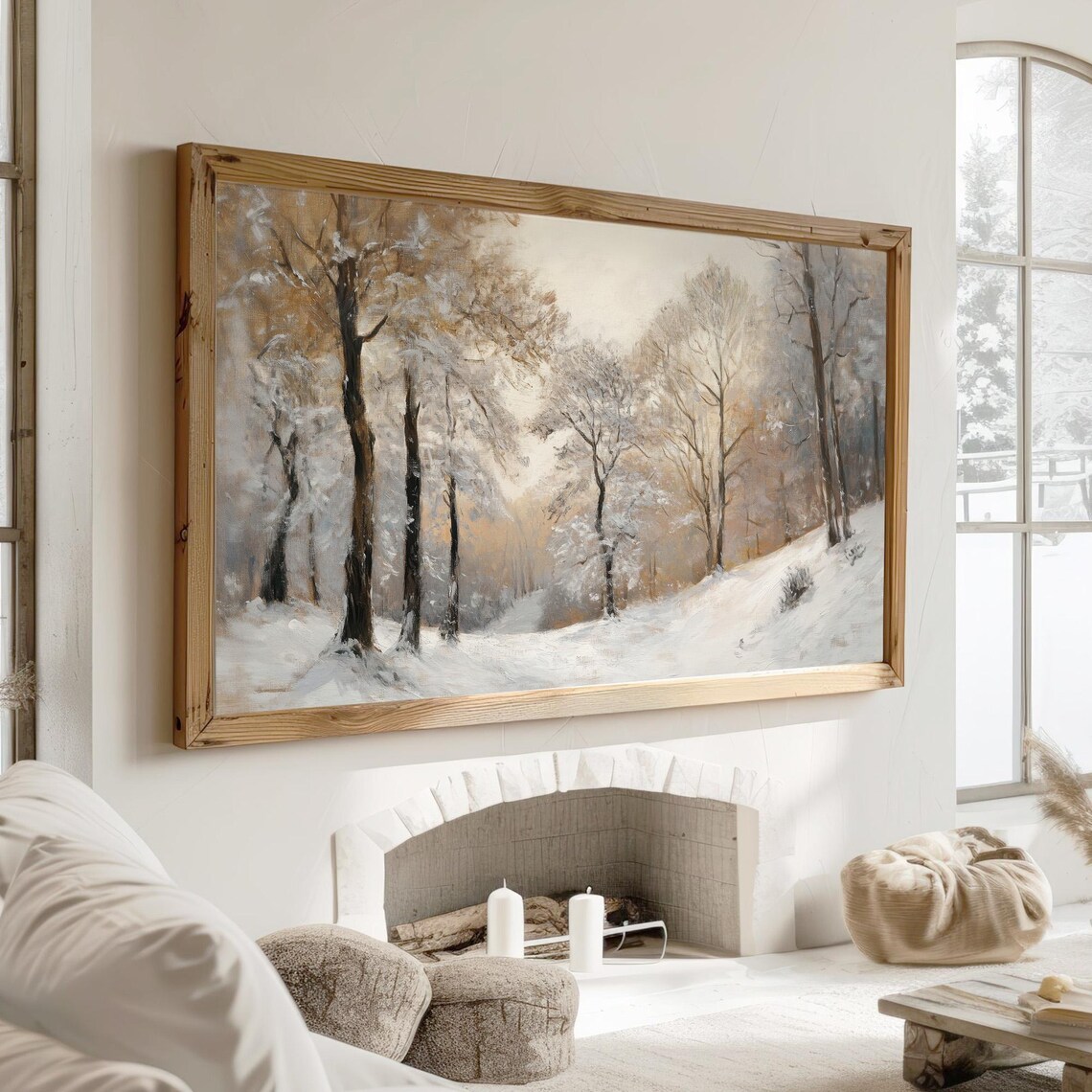 Golden Winter Forest with Snowy Path Luminous Landscape Watercolor Poster - Image 3