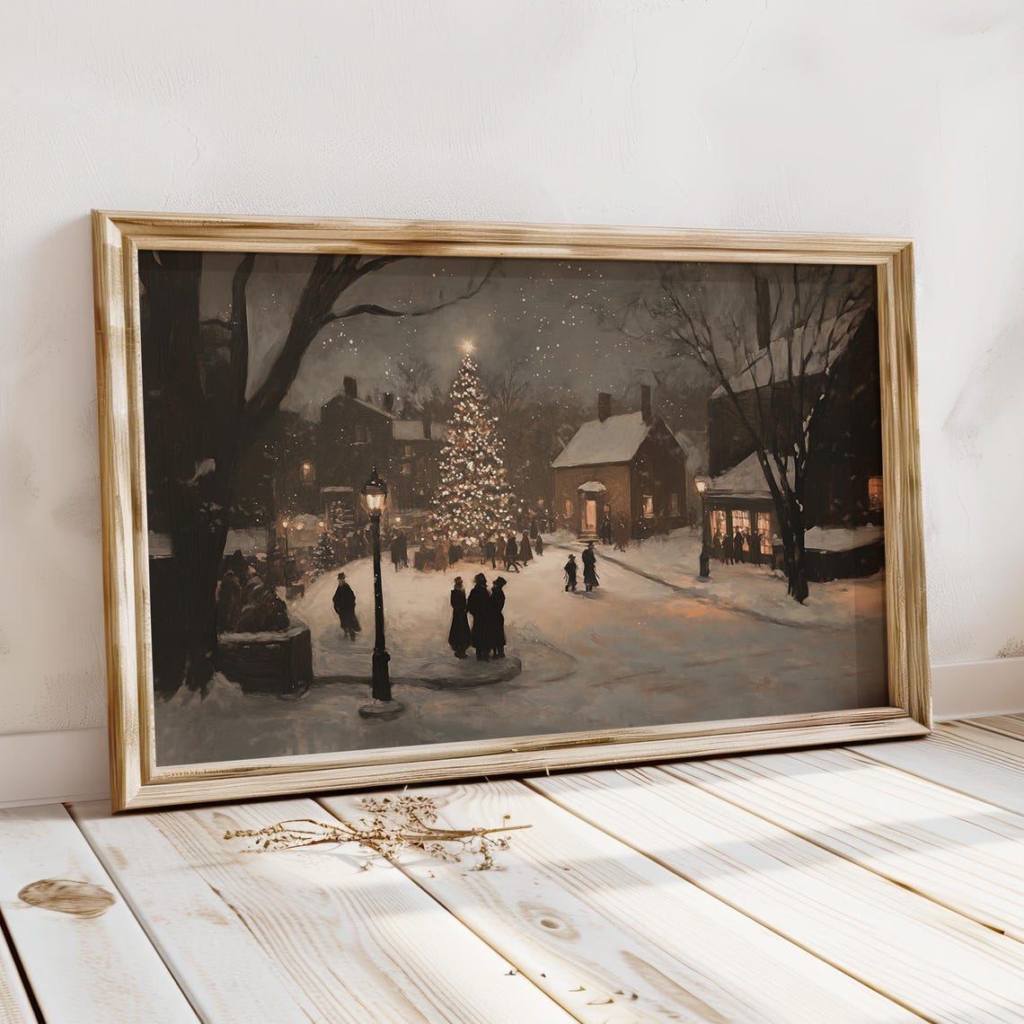 Snowy Christmas Village Night Scene with Glowing Tree Poster - Image 2