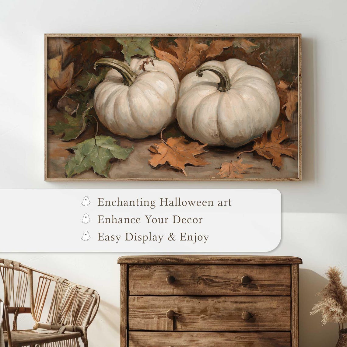 White Pumpkins on Autumn Leaves Oil Painting Fall Harvest Art Print - Image 4