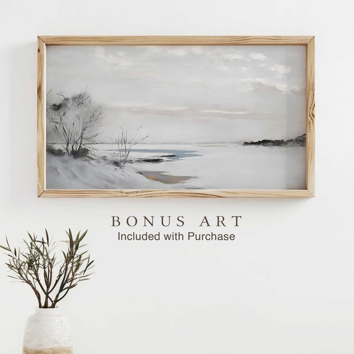 Antique Winter Deer Herd Feeding By Snowy Barn Painting Wall Art - Image 2