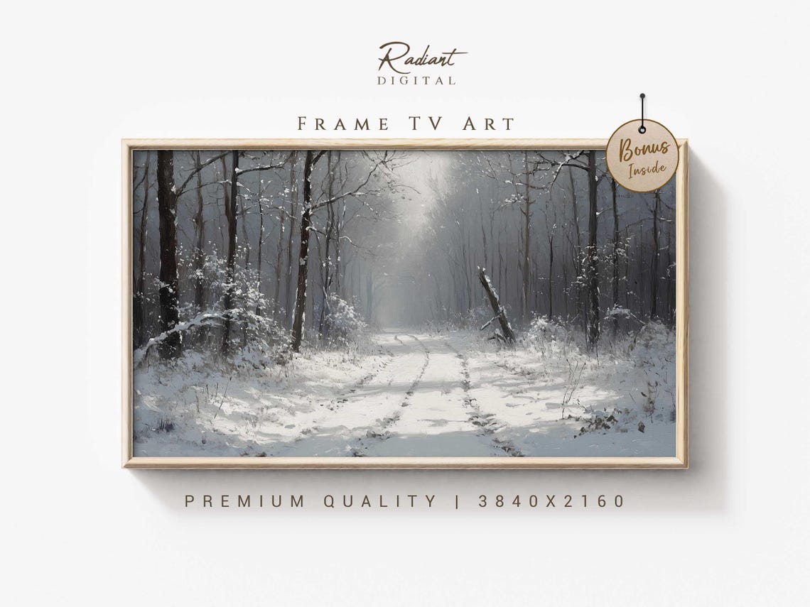 Snowy Forest Path Sunlit Winter Trees Serene Landscape Art Poster