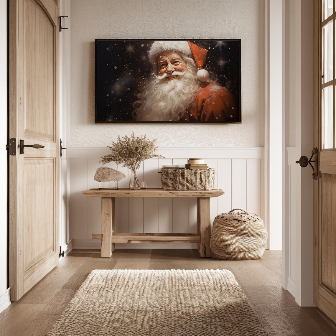 Santa Claus Smiling Portrait Snowy Night Christmas Watercolor Poster - Image 2