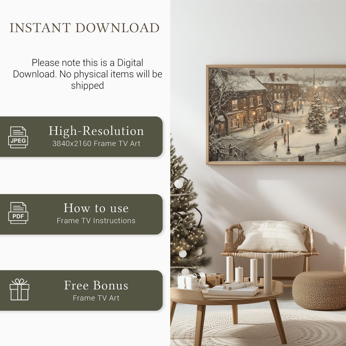 Snowy Christmas Town Street with Glowing Tree at Night Poster