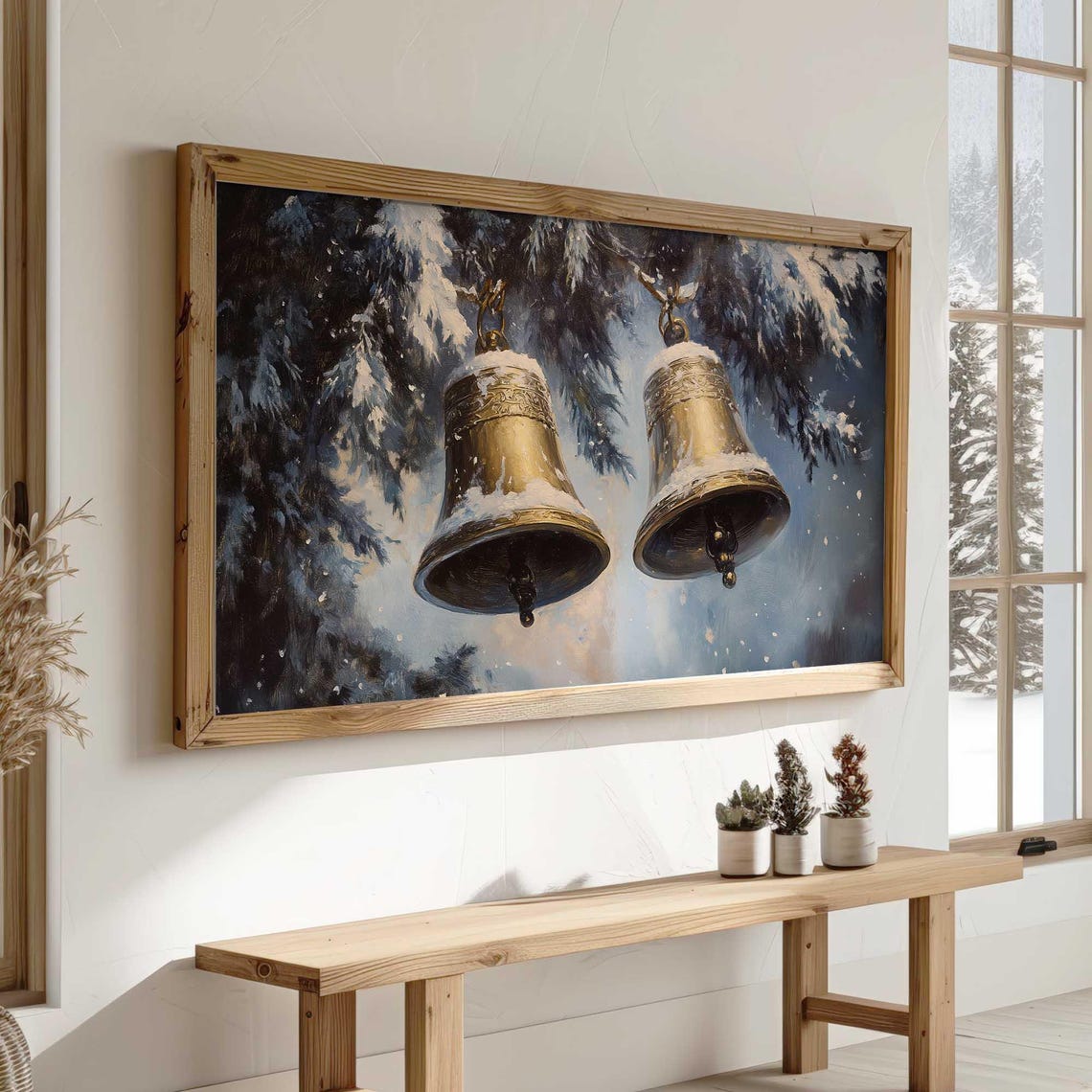 Golden Christmas Bells Snowy Pine Branches Holiday Art Poster - Image 5
